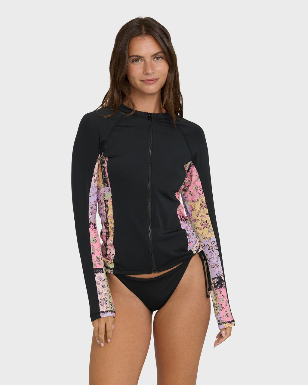 Dreamy Daze Zip Front UPF 50 Long Sleeve Rashguard - Black Pebble
